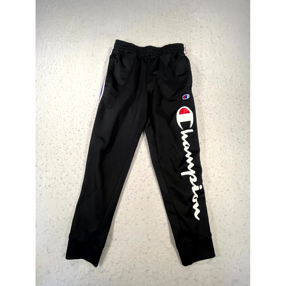 Champion Script Joggers Youth Small Black Side Stripes Fleece Lined Track Pants